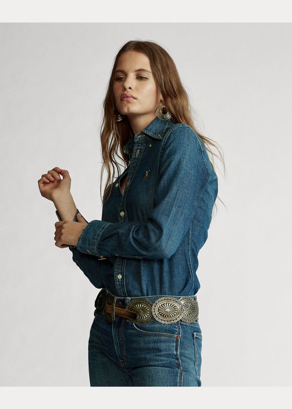 Koszule Ralph Lauren Custom Fit Denim Shirt Damskie Niebieskie Niebieskie | PIWH2492