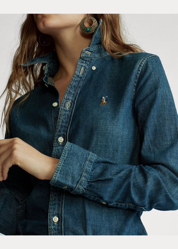 Koszule Ralph Lauren Custom Fit Denim Shirt Damskie Niebieskie Niebieskie | PIWH2492