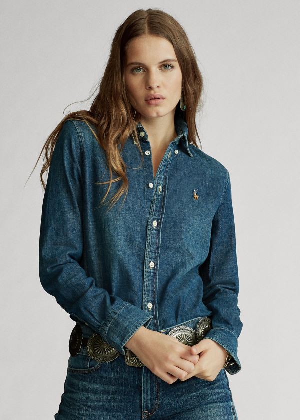 Koszule Ralph Lauren Custom Fit Denim Shirt Damskie Niebieskie Niebieskie | PIWH2492