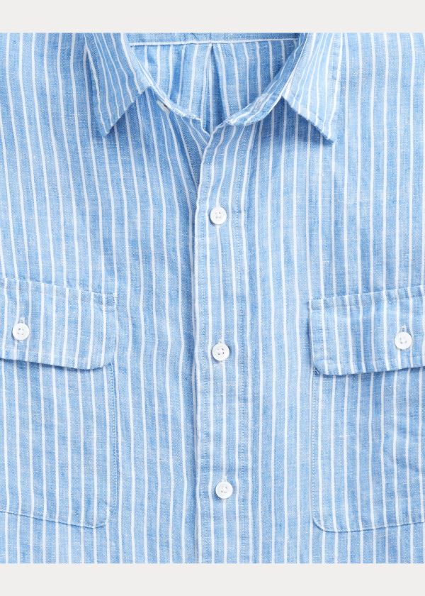 Koszule Ralph Lauren Custom Fit Striped Linen Shirt Męskie Niebieskie Białe | SGXT1690