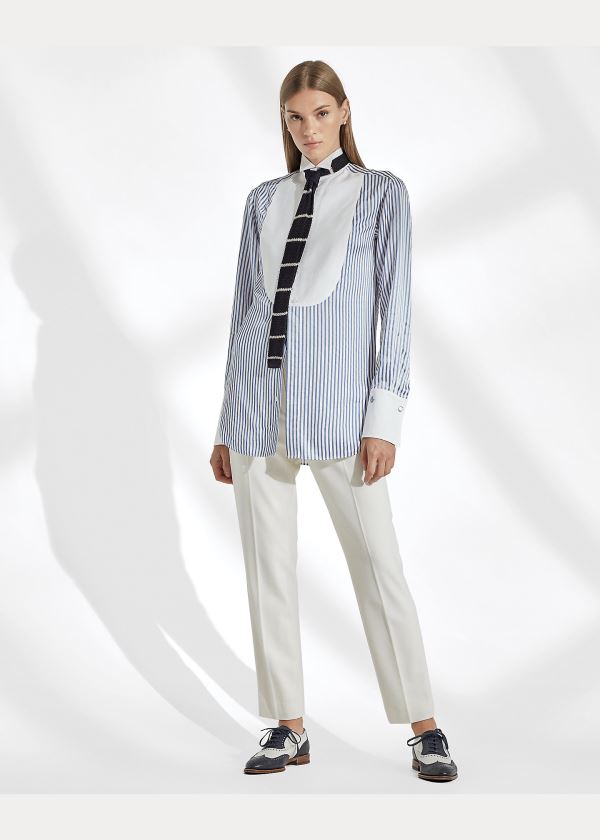 Koszule Ralph Lauren Damien Striped Satin Shirt Damskie Głęboka Niebieskie Białe | BAEP9426