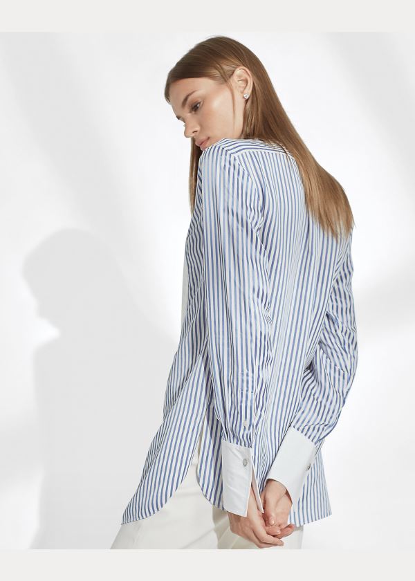 Koszule Ralph Lauren Damien Striped Satin Shirt Damskie Głęboka Niebieskie Białe | BAEP9426