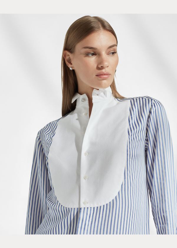 Koszule Ralph Lauren Damien Striped Satin Shirt Damskie Głęboka Niebieskie Białe | BAEP9426