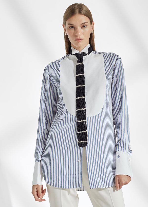 Koszule Ralph Lauren Damien Striped Satin Shirt Damskie Głęboka Niebieskie Białe | BAEP9426