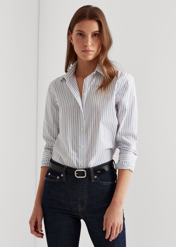 Koszule Ralph Lauren Easy Care Striped Shirt Damskie Białe Niebieskie Kolorowe | IBDC2334