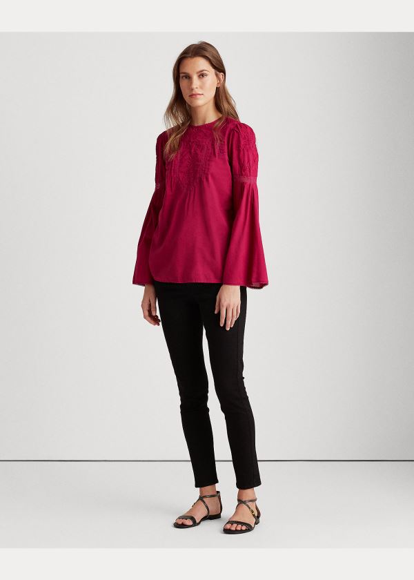 Koszule Ralph Lauren Embroidered Bell-Sleeve Top Damskie Głęboka Fuksja | ZQKI5451