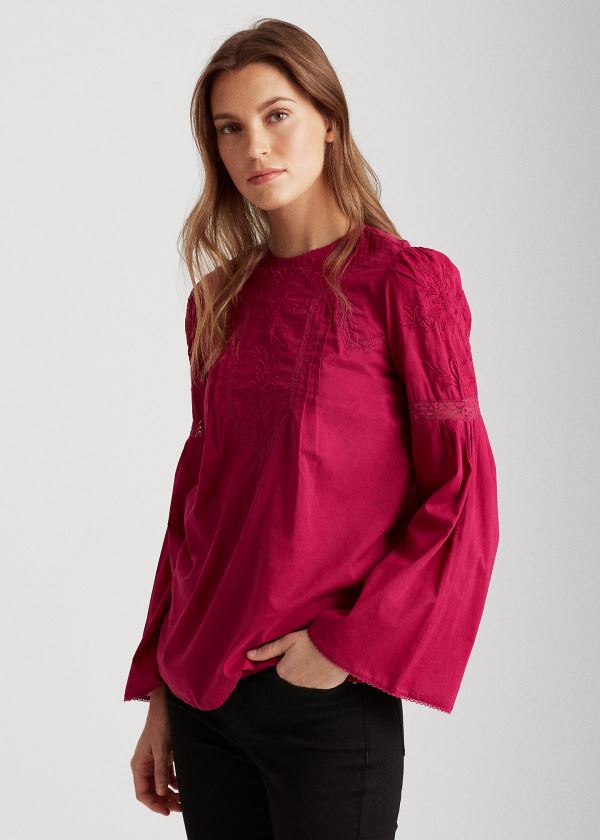 Koszule Ralph Lauren Embroidered Bell-Sleeve Top Damskie Głęboka Fuksja | ZQKI5451