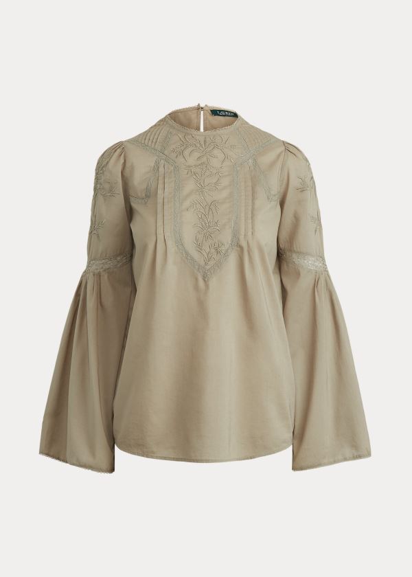 Koszule Ralph Lauren Embroidered Bell-Sleeve Top Damskie Oliwkowe | DDLR5094