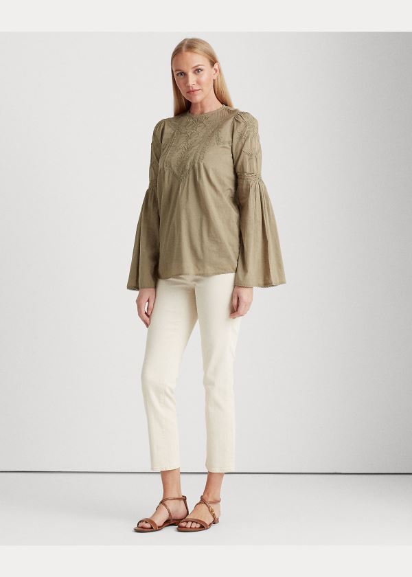 Koszule Ralph Lauren Embroidered Bell-Sleeve Top Damskie Oliwkowe | DDLR5094