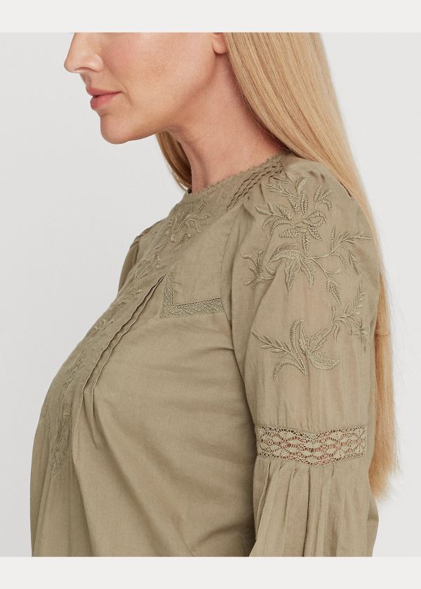 Koszule Ralph Lauren Embroidered Bell-Sleeve Top Damskie Oliwkowe | DDLR5094