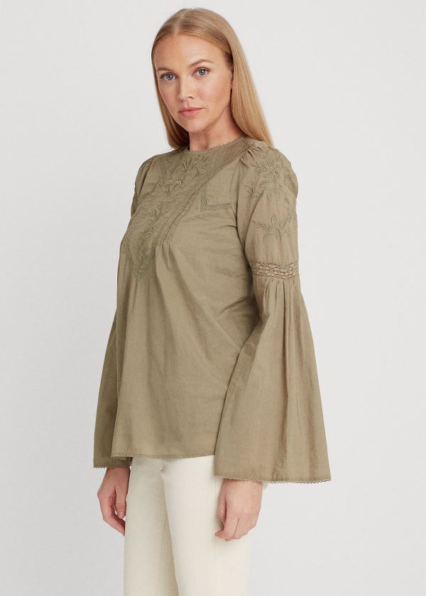 Koszule Ralph Lauren Embroidered Bell-Sleeve Top Damskie Oliwkowe | DDLR5094