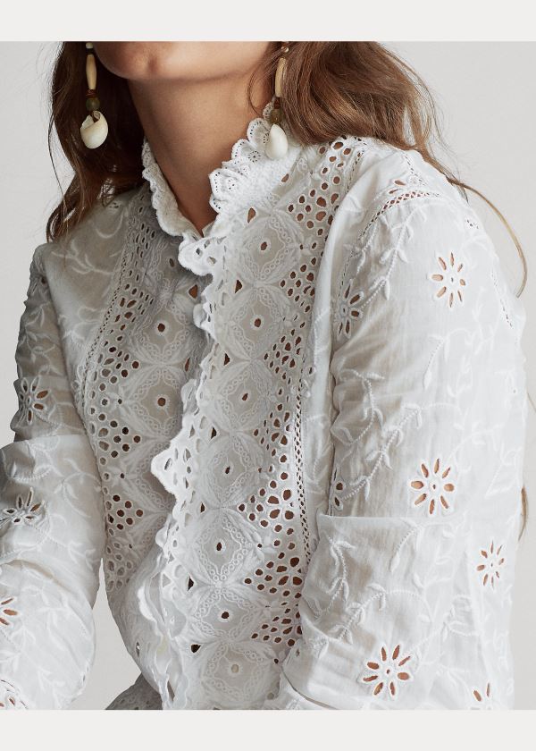 Koszule Ralph Lauren Embroidered Eyelet Shirt Damskie Białe | KVPJ2904