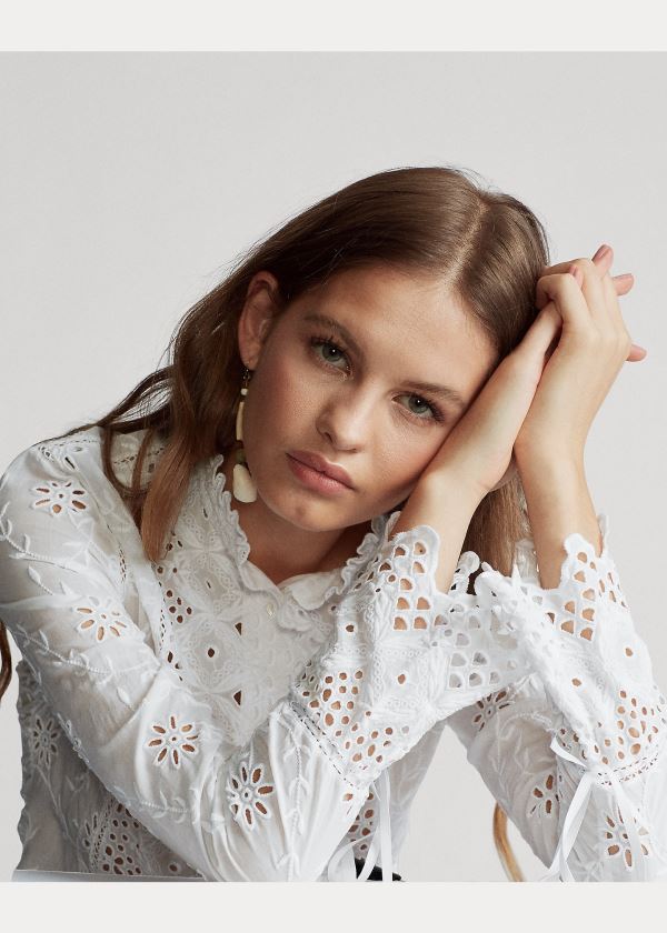 Koszule Ralph Lauren Embroidered Eyelet Shirt Damskie Białe | KVPJ2904