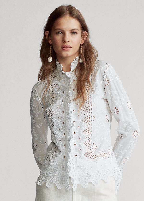 Koszule Ralph Lauren Embroidered Eyelet Shirt Damskie Białe | KVPJ2904