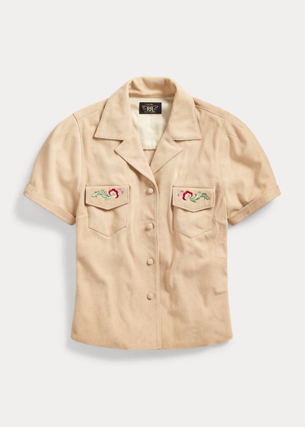 Koszule Ralph Lauren Embroidered Suede Shirt Damskie Khaki | HCQM1342