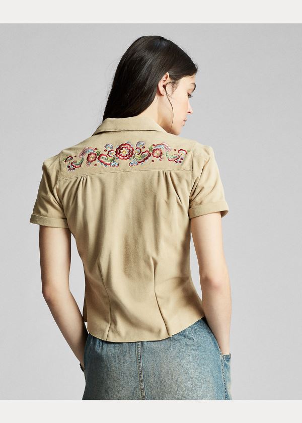 Koszule Ralph Lauren Embroidered Suede Shirt Damskie Khaki | HCQM1342