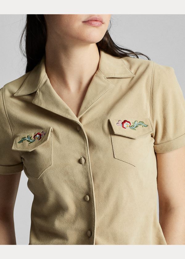 Koszule Ralph Lauren Embroidered Suede Shirt Damskie Khaki | HCQM1342