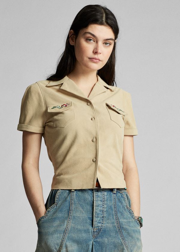 Koszule Ralph Lauren Embroidered Suede Shirt Damskie Khaki | HCQM1342