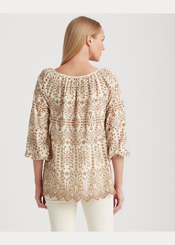 Koszule Ralph Lauren Eyelet Elbow-Sleeve Top Damskie Beżowe Brązowe | VYKP7408