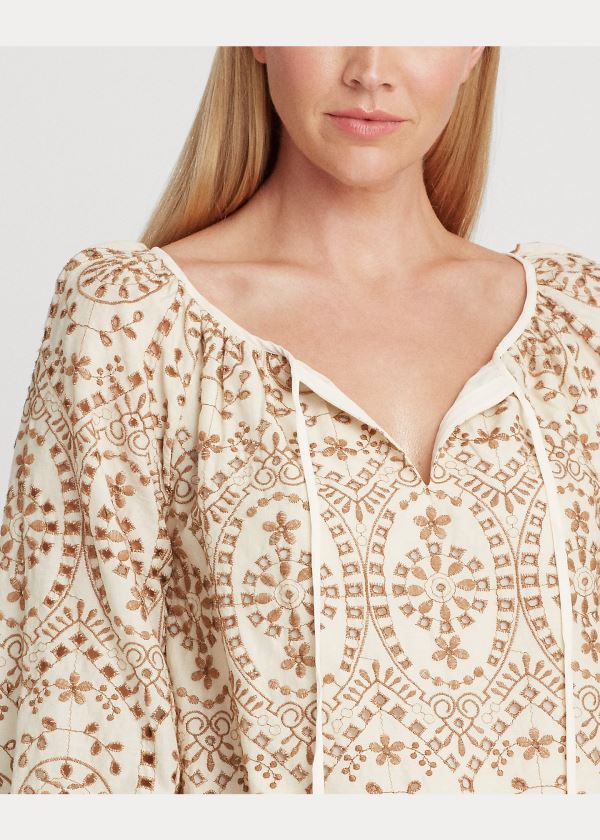 Koszule Ralph Lauren Eyelet Elbow-Sleeve Top Damskie Beżowe Brązowe | VYKP7408