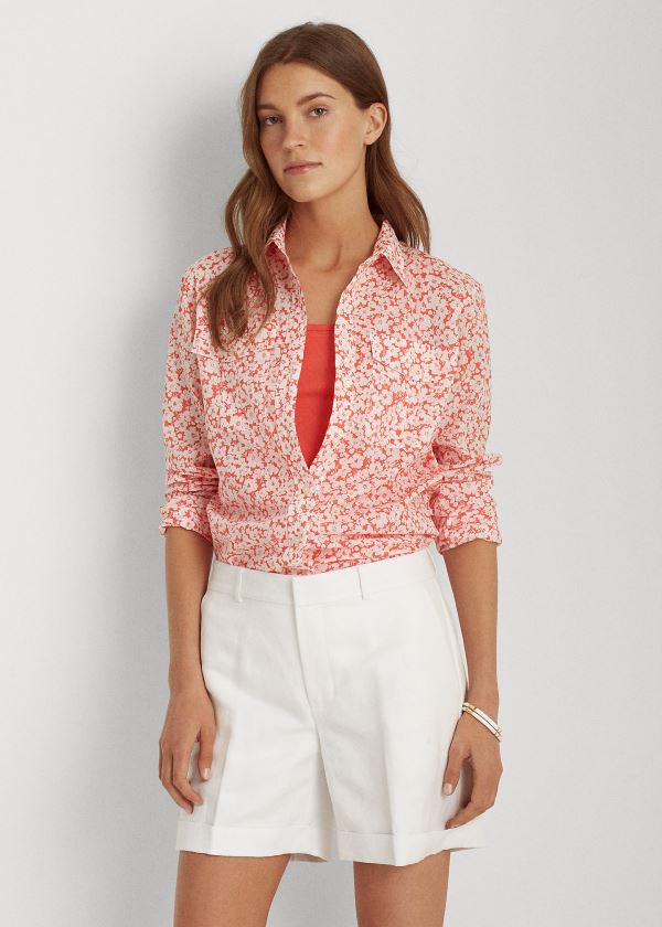 Koszule Ralph Lauren Floral Cotton Shirt Damskie Czerwone Białe | KSQA8557