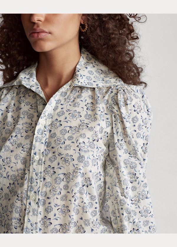 Koszule Ralph Lauren Floral Cotton Shirt Damskie Białe Niebieskie | ILZJ3037