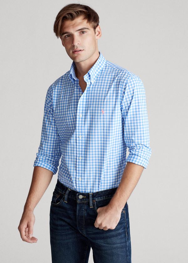 Koszule Ralph Lauren Gingham Poplin Shirt Męskie Głęboka Niebieskie Białe | HILE8060