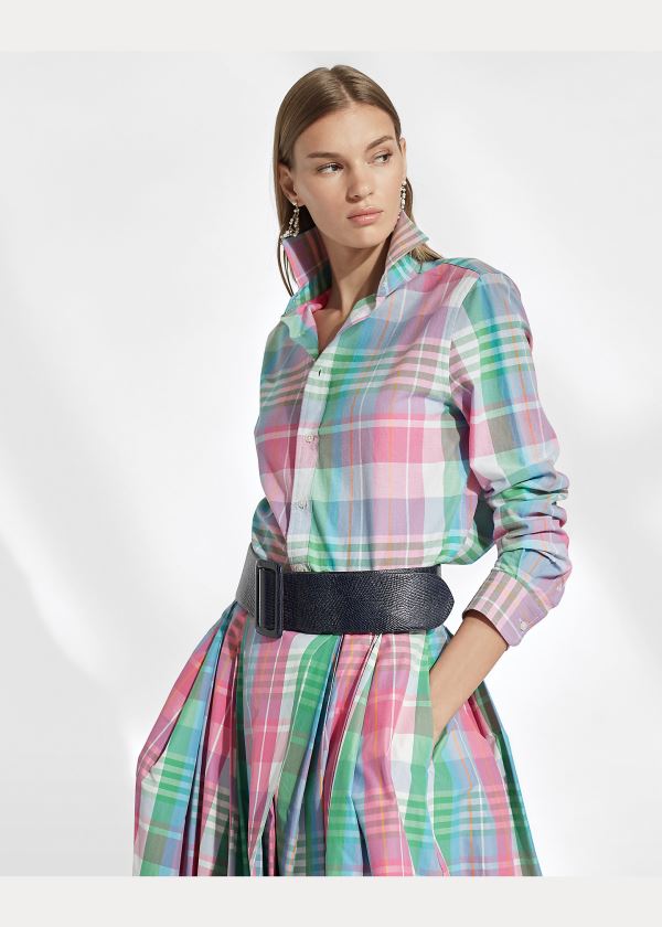 Koszule Ralph Lauren Hannah Cotton Madras Shirt Damskie Różowe Zielone | FRFU7241