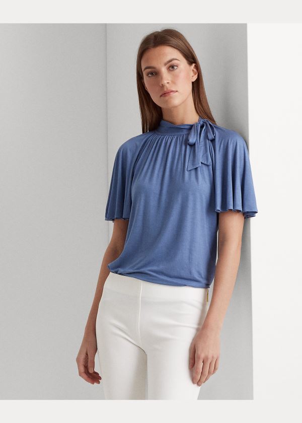 Koszule Ralph Lauren Jersey Tie-Neck Top Damskie Niebieskie | FNOO8361