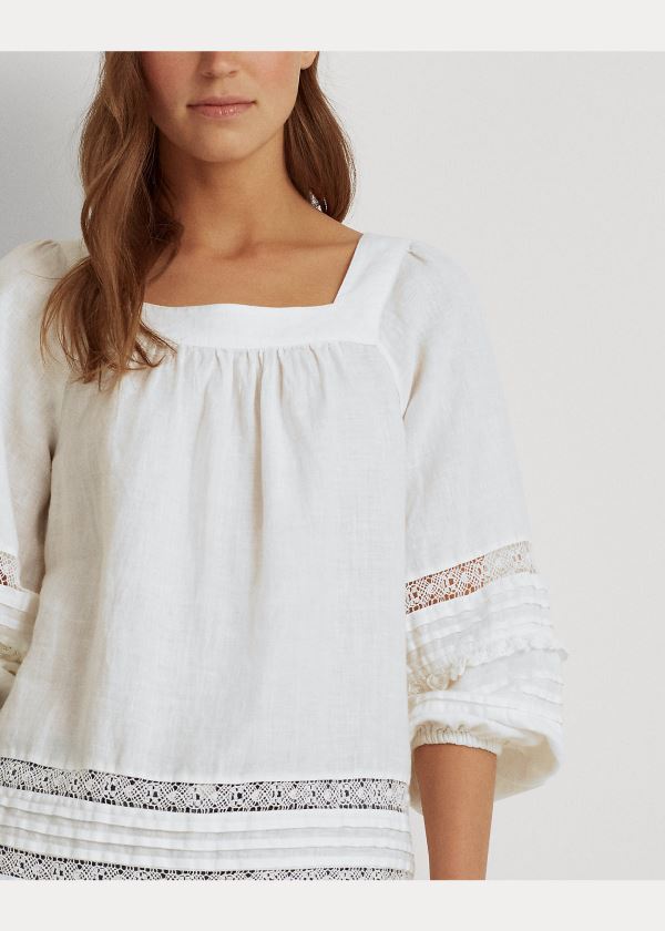 Koszule Ralph Lauren Linen Balloon-Sleeve Top Damskie Białe | DSGX0865