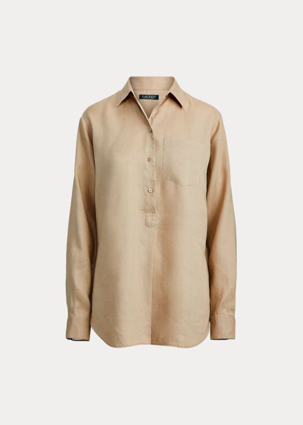 Koszule Ralph Lauren Linen Long-Sleeve Shirt Damskie Khaki | VNCU2850