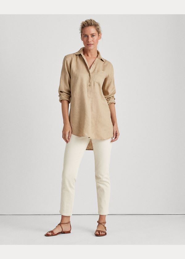 Koszule Ralph Lauren Linen Long-Sleeve Shirt Damskie Khaki | VNCU2850