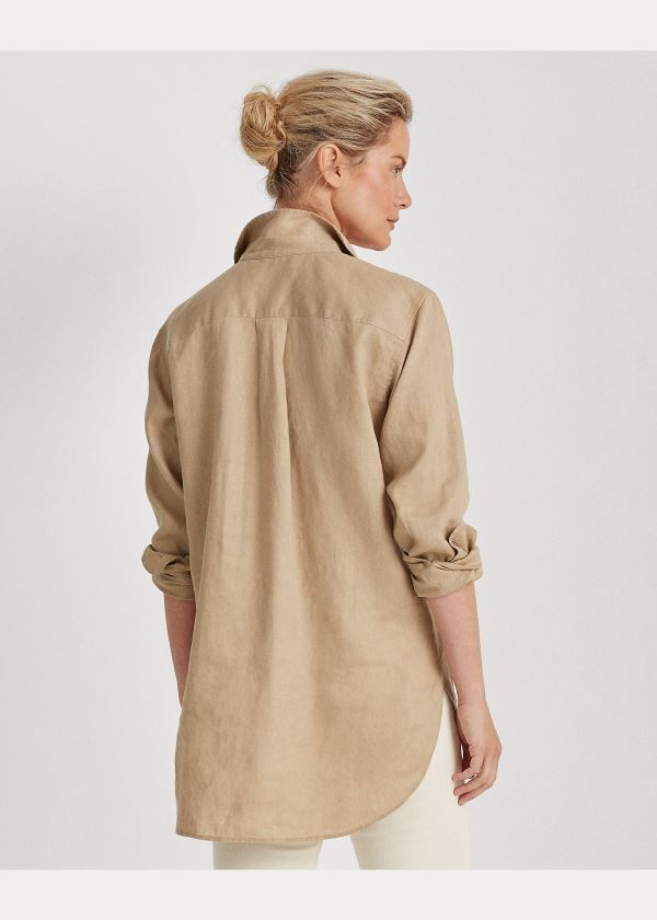 Koszule Ralph Lauren Linen Long-Sleeve Shirt Damskie Khaki | VNCU2850