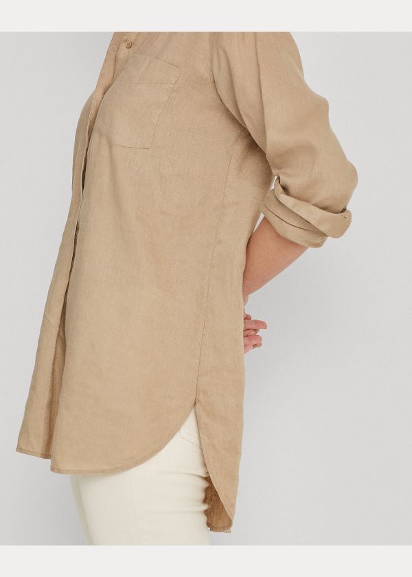 Koszule Ralph Lauren Linen Long-Sleeve Shirt Damskie Khaki | VNCU2850