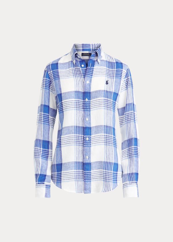 Koszule Ralph Lauren Linen Madras Shirt Damskie Białe Niebieskie | DXDR4156