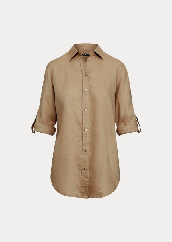 Koszule Ralph Lauren Linen Shirt Damskie Khaki | NJEG0675