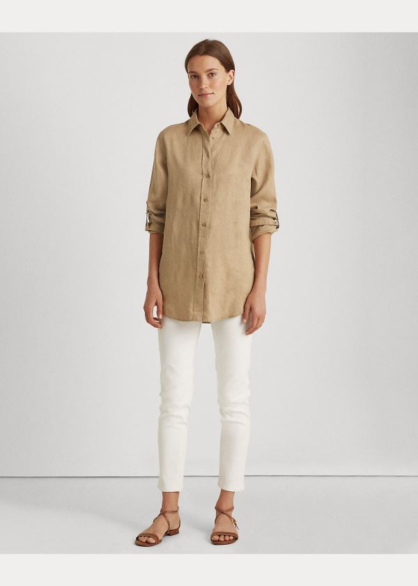 Koszule Ralph Lauren Linen Shirt Damskie Khaki | NJEG0675