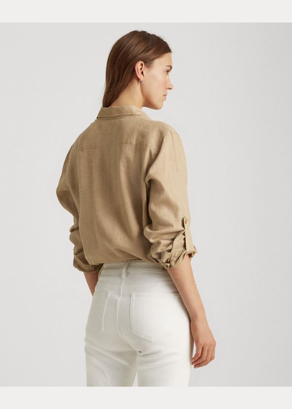 Koszule Ralph Lauren Linen Shirt Damskie Khaki | NJEG0675