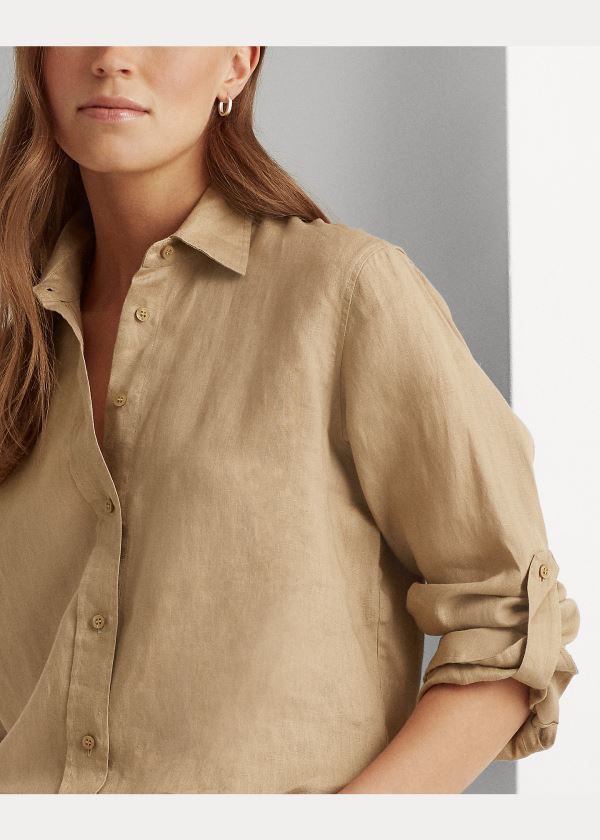 Koszule Ralph Lauren Linen Shirt Damskie Khaki | NJEG0675