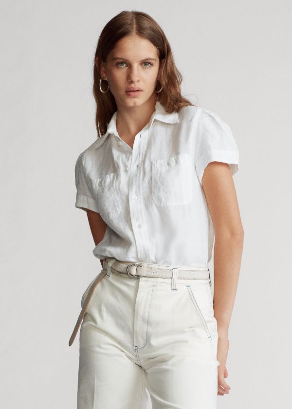 Koszule Ralph Lauren Linen Short-Sleeve Shirt Damskie Białe | TVRB3448