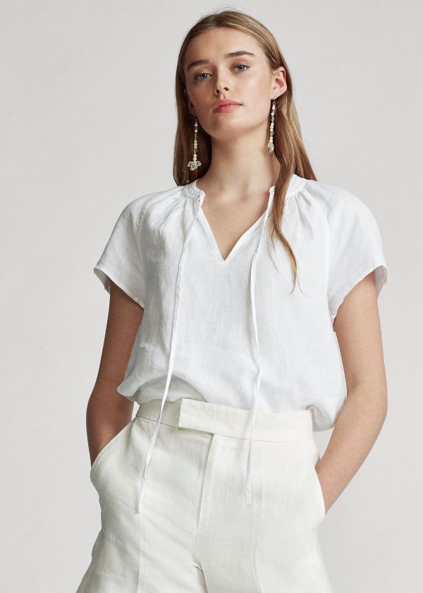 Koszule Ralph Lauren Linen Tie-Neck Blouse Damskie Białe | EWVW5654