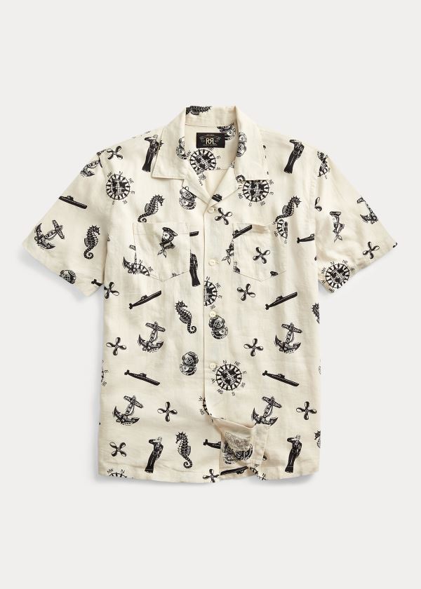 Koszule Ralph Lauren Nautical-Print Camp Shirt Męskie Kremowe Czarne | IKDW3874