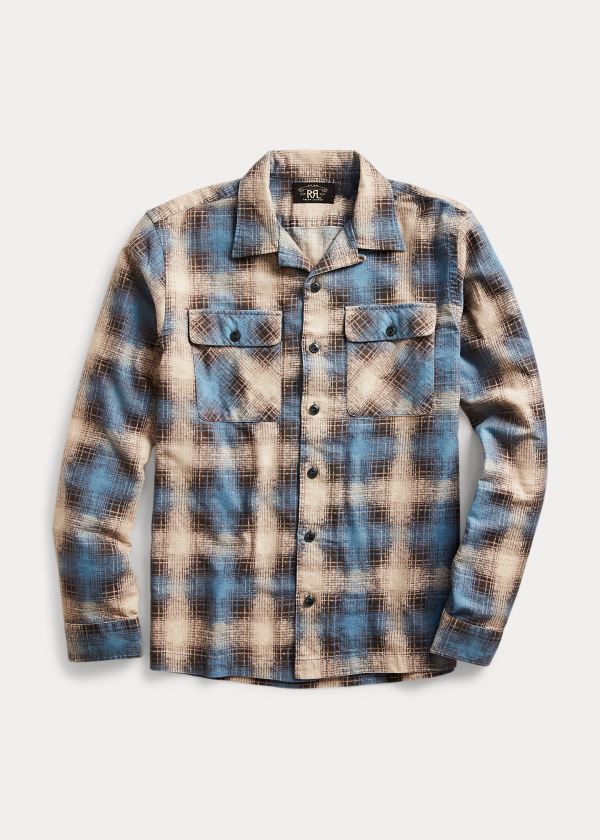 Koszule Ralph Lauren Plaid-Print Brushed Camp Shirt Męskie Kremowe Niebieskie | CKFI1976