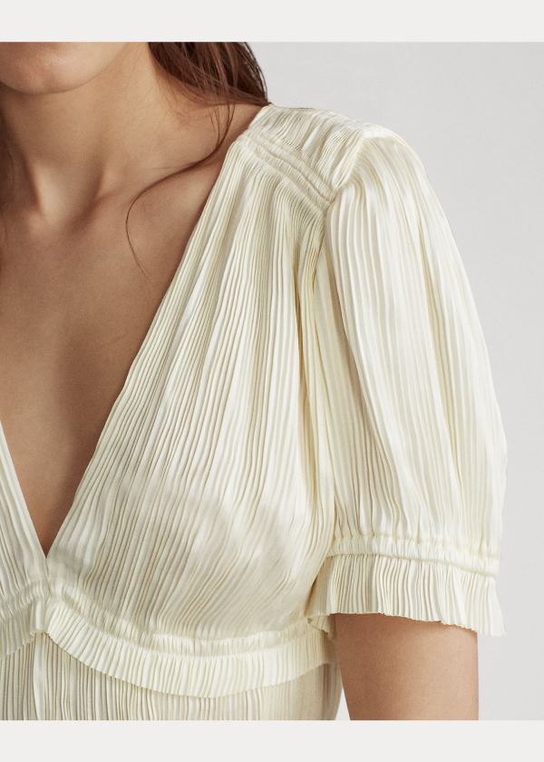 Koszule Ralph Lauren Pleated Satin Blouse Damskie Kremowe | VXVR6176