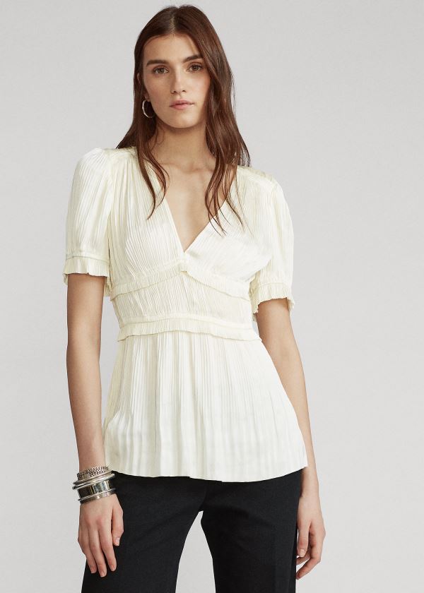 Koszule Ralph Lauren Pleated Satin Blouse Damskie Kremowe | VXVR6176