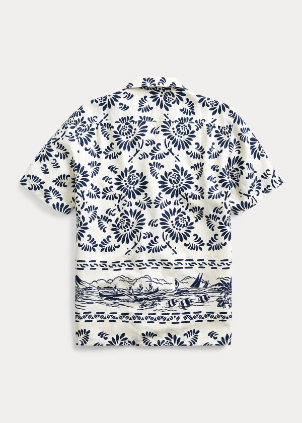 Koszule Ralph Lauren Print Linen Camp Shirt Męskie Kremowe Niebieskie | QBTY5143