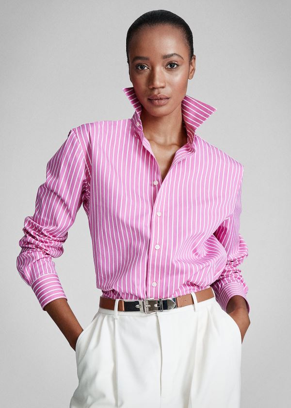 Koszule Ralph Lauren Rowland Boyfriend Shirt Damskie Różowe Białe | GGGS1284