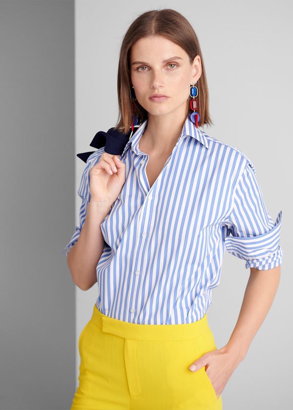 Koszule Ralph Lauren Rowland Boyfriend Shirt Damskie Głęboka Niebieskie Białe | ZJNP9597