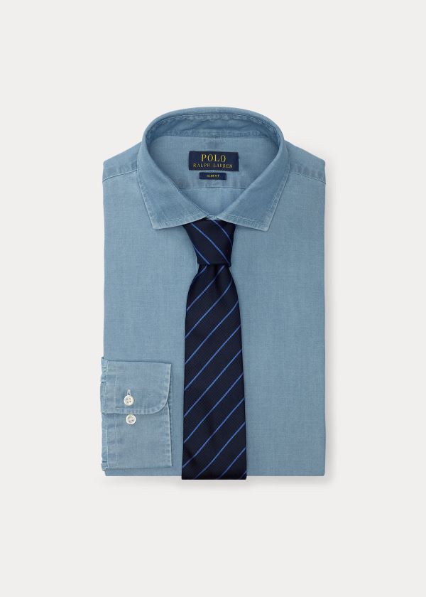 Koszule Ralph Lauren Slim Fit Chambray Shirt Męskie Niebieskie Białe | DOTN0111