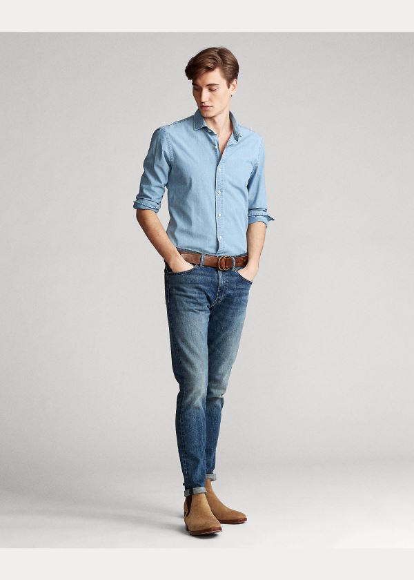 Koszule Ralph Lauren Slim Fit Chambray Shirt Męskie Niebieskie Białe | DOTN0111